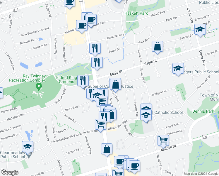map of restaurants, bars, coffee shops, grocery stores, and more near 316 Dixon Boulevard in Newmarket