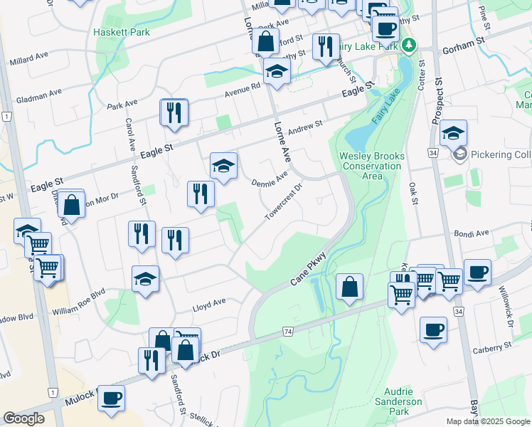map of restaurants, bars, coffee shops, grocery stores, and more near 307 Towercrest Drive in Newmarket