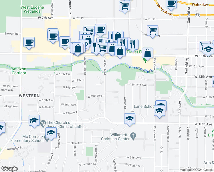 map of restaurants, bars, coffee shops, grocery stores, and more near 1405 Oak Patch Road in Eugene