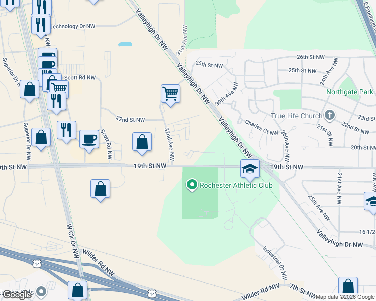 map of restaurants, bars, coffee shops, grocery stores, and more near in Rochester