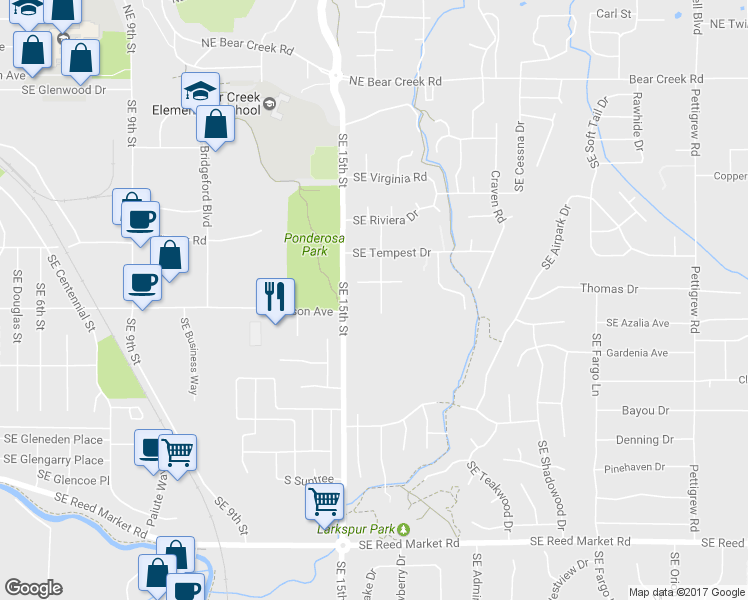 map of restaurants, bars, coffee shops, grocery stores, and more near 531 Southeast Wildcat Drive in Bend