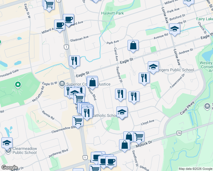 map of restaurants, bars, coffee shops, grocery stores, and more near 115 Beswick Drive in Newmarket