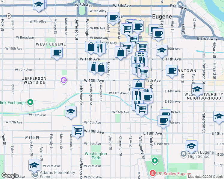 map of restaurants, bars, coffee shops, grocery stores, and more near 1313 Lincoln Street in Eugene