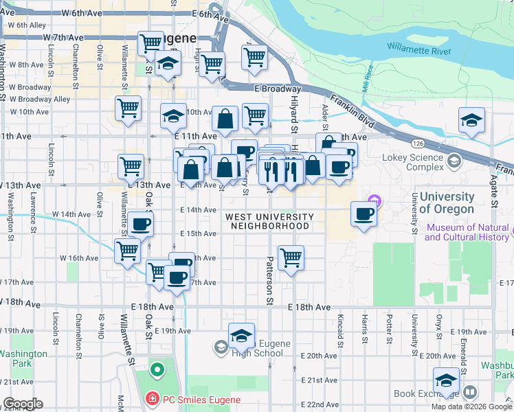 map of restaurants, bars, coffee shops, grocery stores, and more near 585 East 14th Avenue in Eugene