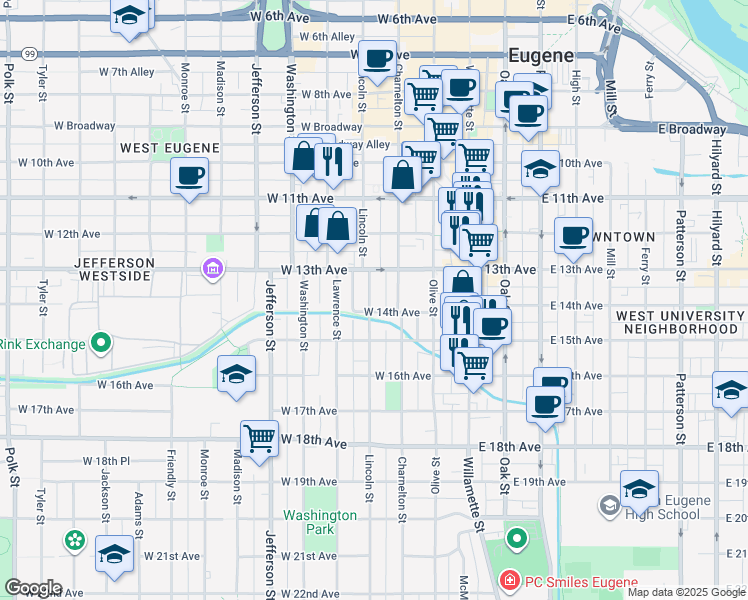 map of restaurants, bars, coffee shops, grocery stores, and more near 1313 Lincoln Street in Eugene