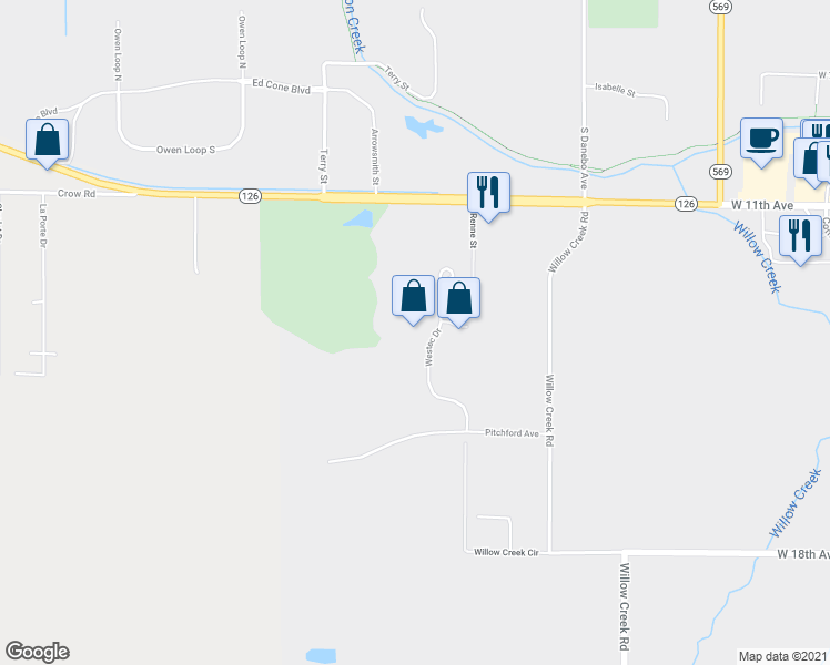 map of restaurants, bars, coffee shops, grocery stores, and more near 1500 Westec Drive in Eugene