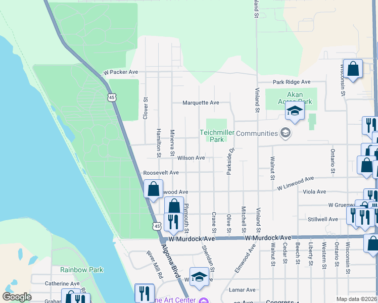 map of restaurants, bars, coffee shops, grocery stores, and more near 2210 Plymouth Street in Oshkosh