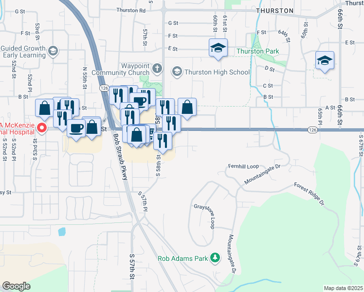 map of restaurants, bars, coffee shops, grocery stores, and more near 5807 Aster Street in Springfield