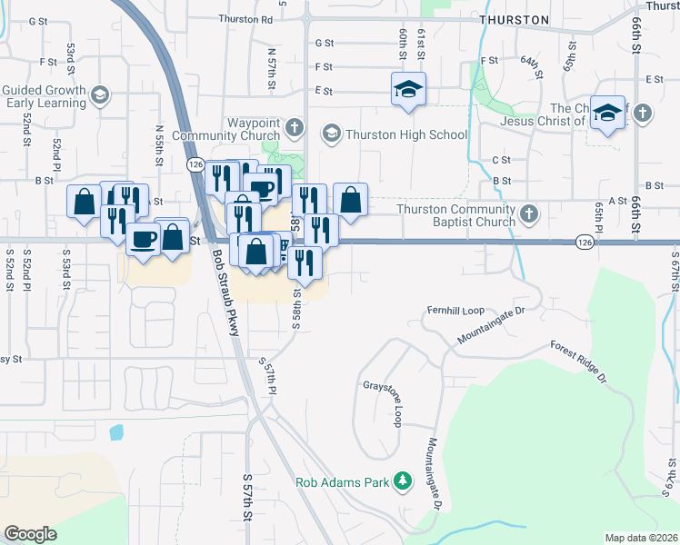 map of restaurants, bars, coffee shops, grocery stores, and more near 5805 Aster Street in Springfield