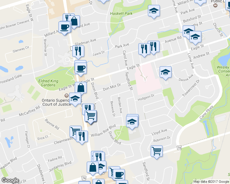 map of restaurants, bars, coffee shops, grocery stores, and more near 115 Beswick Drive in Newmarket