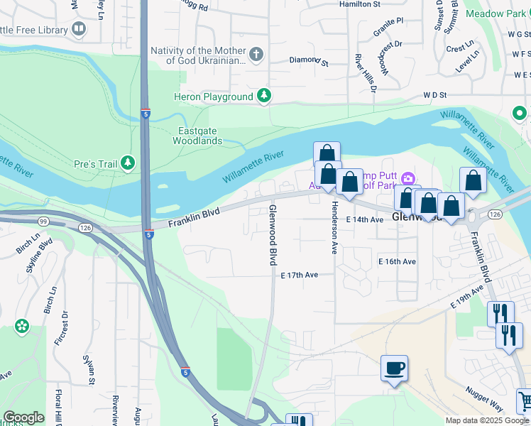 map of restaurants, bars, coffee shops, grocery stores, and more near 3409 Franklin Boulevard in Eugene