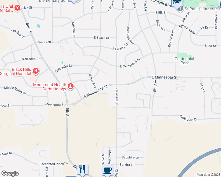 map of restaurants, bars, coffee shops, grocery stores, and more near 4116 Parkview Drive in Rapid City