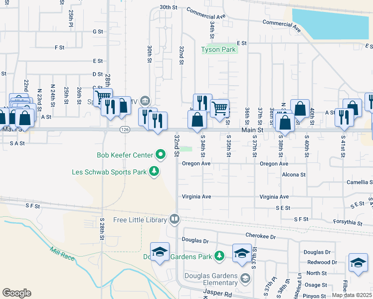 map of restaurants, bars, coffee shops, grocery stores, and more near 3273 Aster Street in Springfield