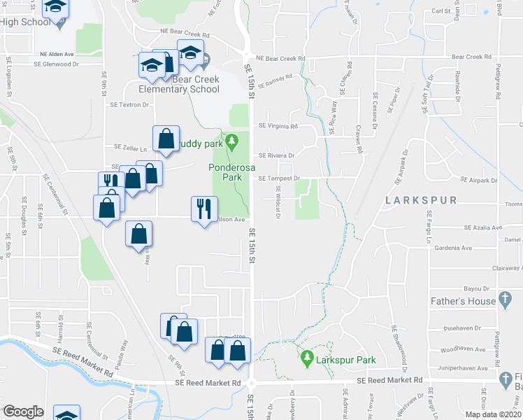 map of restaurants, bars, coffee shops, grocery stores, and more near 531 Southeast Wildcat Drive in Bend