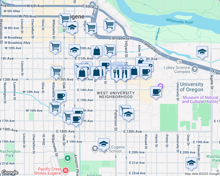 map of restaurants, bars, coffee shops, grocery stores, and more near 585 East 14th Avenue in Eugene