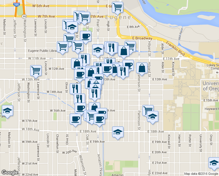 map of restaurants, bars, coffee shops, grocery stores, and more near 1390 High Street in Eugene