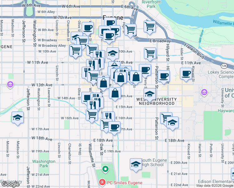 map of restaurants, bars, coffee shops, grocery stores, and more near 1390 High Street in Eugene