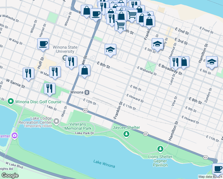 map of restaurants, bars, coffee shops, grocery stores, and more near 165 East Howard Street in Winona