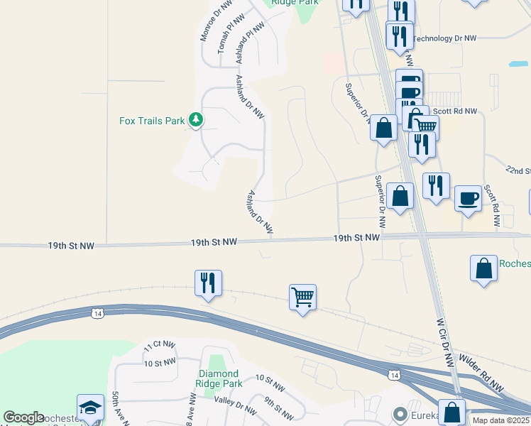 map of restaurants, bars, coffee shops, grocery stores, and more near 1990 Ashland Drive Northwest in Rochester