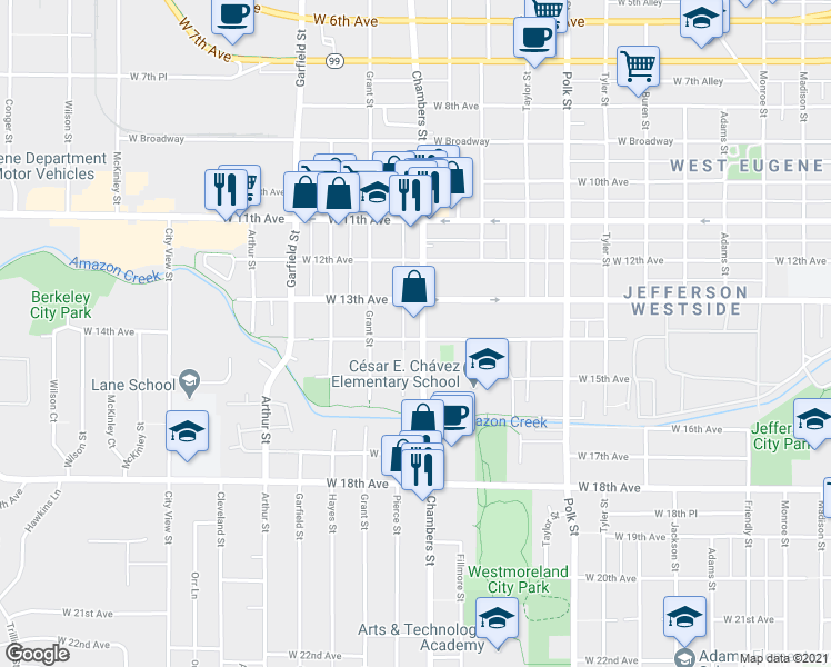 map of restaurants, bars, coffee shops, grocery stores, and more near 1398 Chambers Street in Eugene