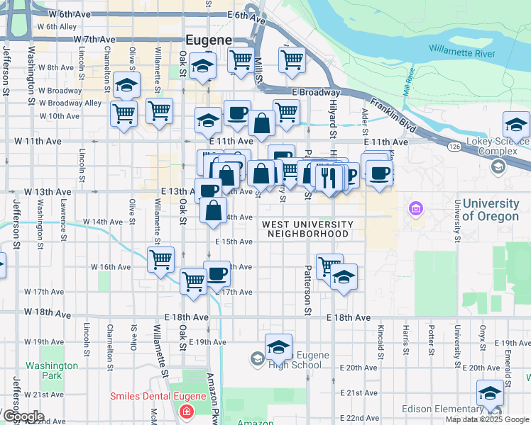 map of restaurants, bars, coffee shops, grocery stores, and more near 405 East 14th Avenue in Eugene