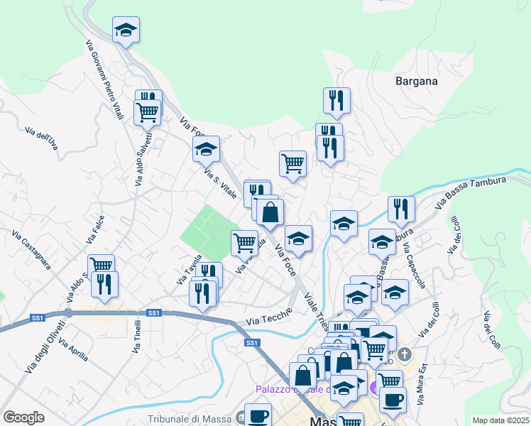 map of restaurants, bars, coffee shops, grocery stores, and more near 3 Via Frangola in Massa
