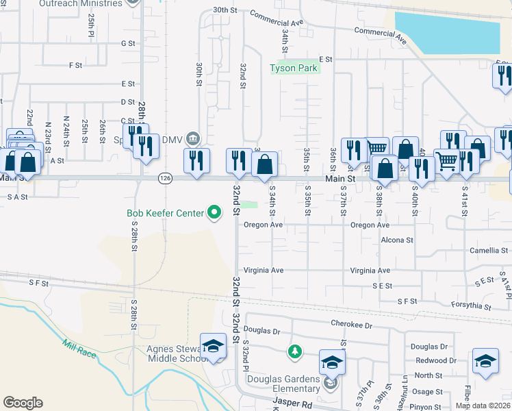 map of restaurants, bars, coffee shops, grocery stores, and more near 3297 Aster Street in Springfield