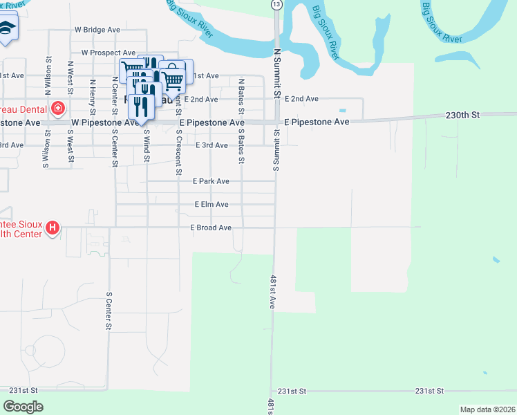 map of restaurants, bars, coffee shops, grocery stores, and more near 413 East Elm Avenue in Flandreau