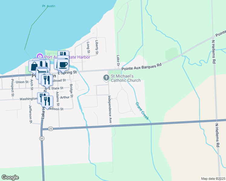 map of restaurants, bars, coffee shops, grocery stores, and more near 8630 Independence Avenue in Port Austin