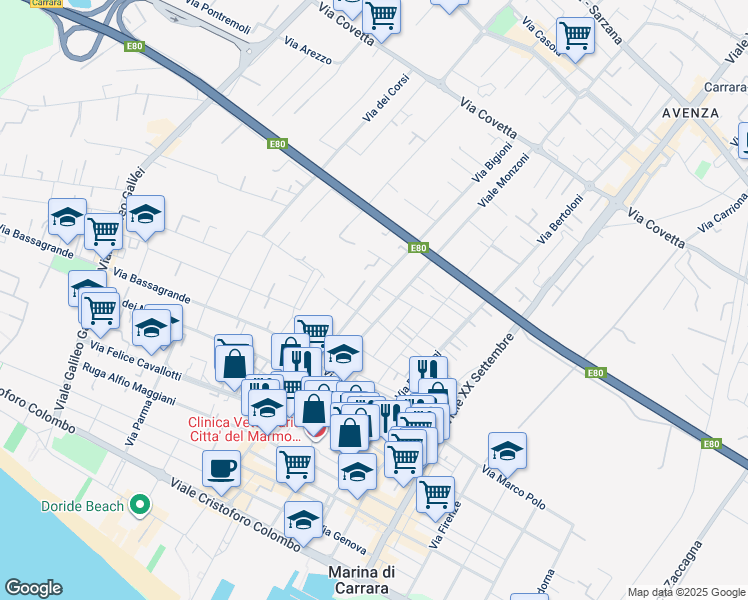 map of restaurants, bars, coffee shops, grocery stores, and more near 52 Via Bigioni in Carrara