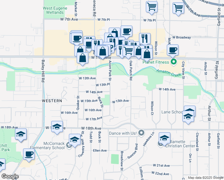 map of restaurants, bars, coffee shops, grocery stores, and more near 1387 Acorn Park Street in Eugene