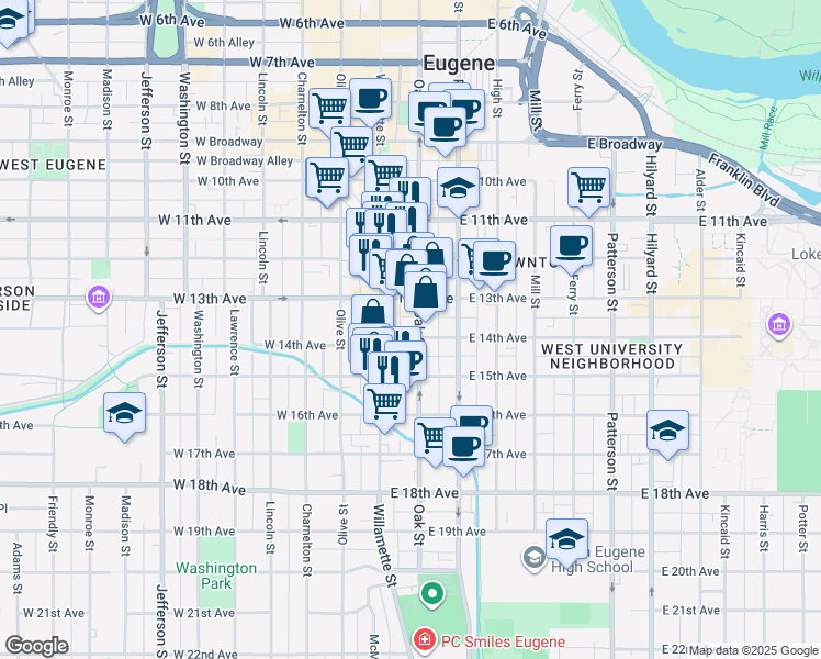 map of restaurants, bars, coffee shops, grocery stores, and more near 81 East 14th Avenue in Eugene