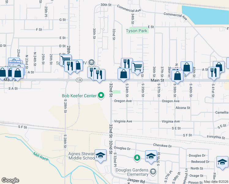 map of restaurants, bars, coffee shops, grocery stores, and more near 3241 Aster Street in Springfield