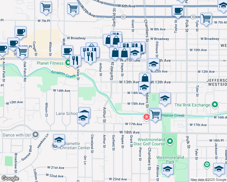 map of restaurants, bars, coffee shops, grocery stores, and more near 1397 Garfield Street in Eugene