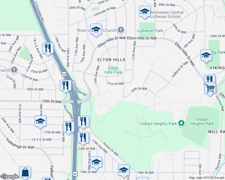 map of restaurants, bars, coffee shops, grocery stores, and more near 1333 20th Street Northwest in Rochester