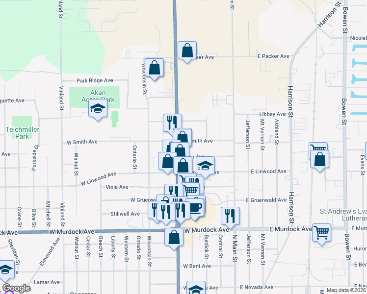 map of restaurants, bars, coffee shops, grocery stores, and more near 2222 Jackson Street in Oshkosh