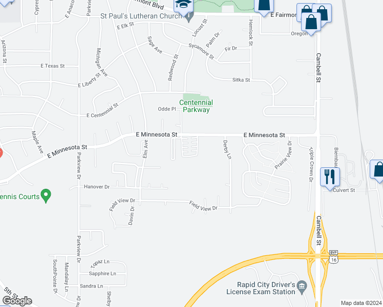 map of restaurants, bars, coffee shops, grocery stores, and more near 889 East Minnesota Street in Rapid City