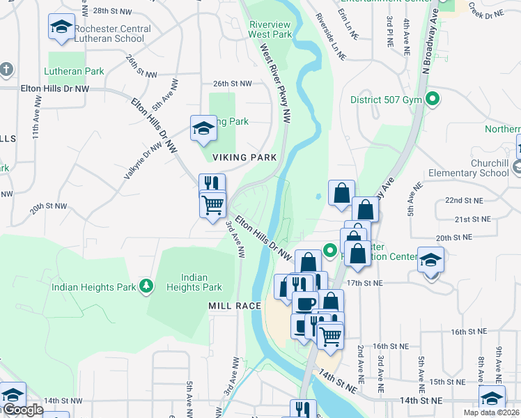 map of restaurants, bars, coffee shops, grocery stores, and more near in Rochester