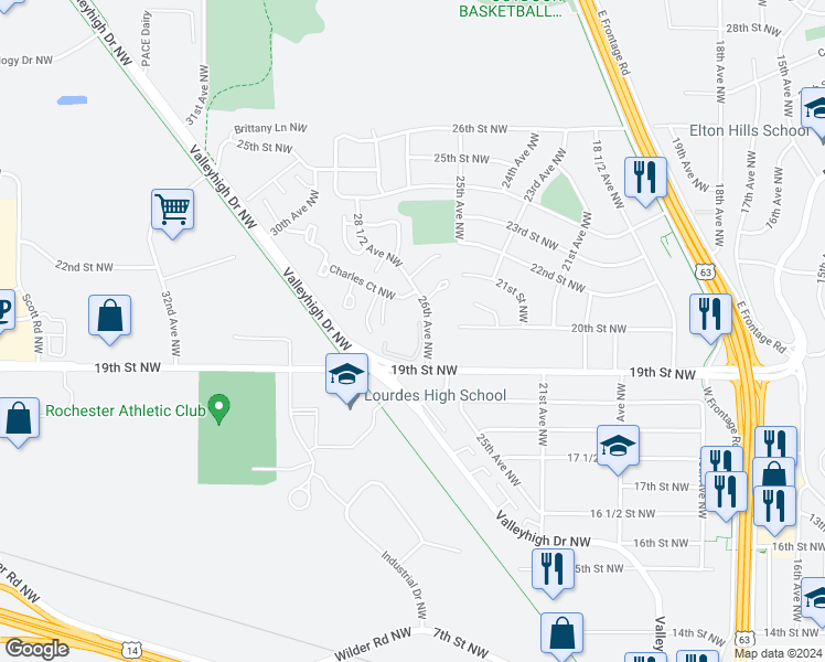 map of restaurants, bars, coffee shops, grocery stores, and more near 1905 26th Avenue Northwest in Rochester