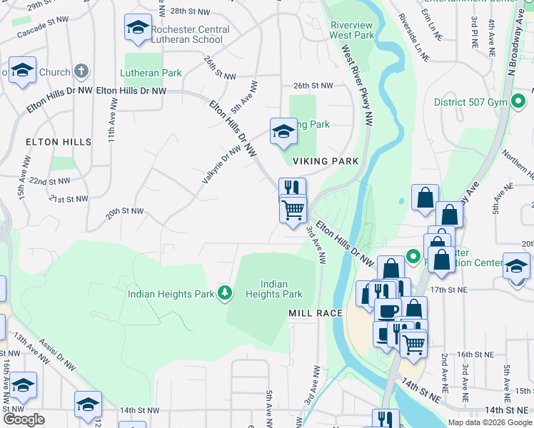map of restaurants, bars, coffee shops, grocery stores, and more near 1923 Viking Drive Northwest in Rochester