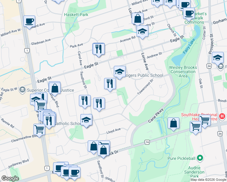 map of restaurants, bars, coffee shops, grocery stores, and more near 233 Hodgson Drive in Newmarket
