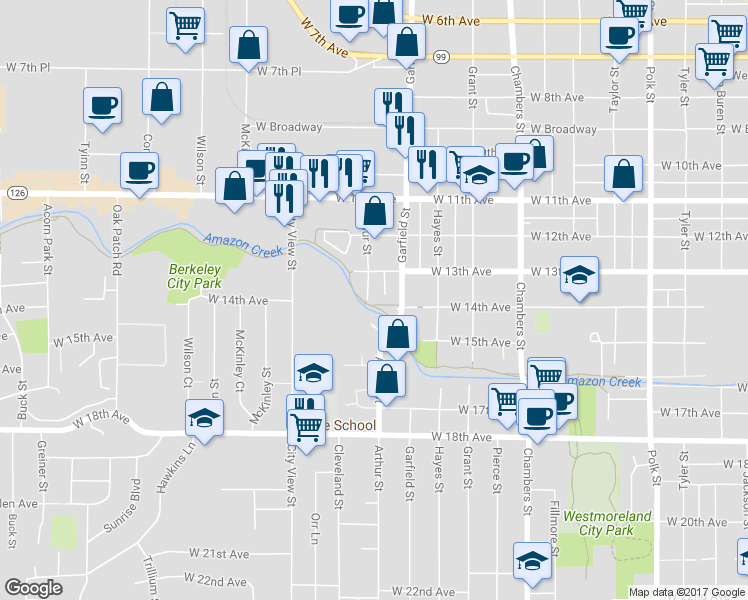 map of restaurants, bars, coffee shops, grocery stores, and more near 1387 Arthur Street in Eugene