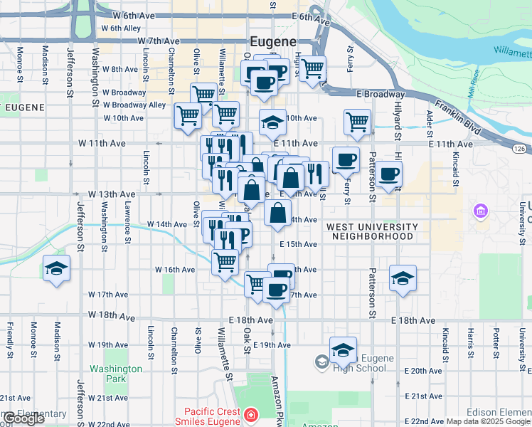 map of restaurants, bars, coffee shops, grocery stores, and more near 1390 Pearl Street in Eugene
