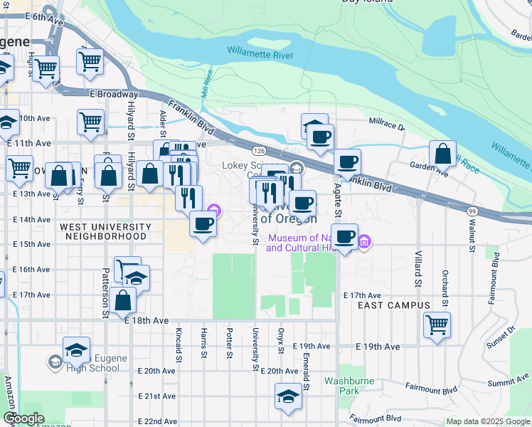 map of restaurants, bars, coffee shops, grocery stores, and more near 1395 University Street in Eugene