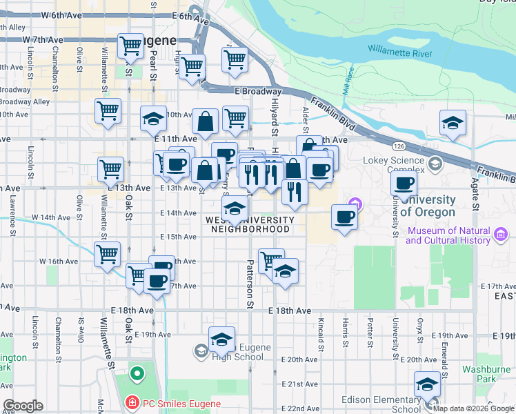 map of restaurants, bars, coffee shops, grocery stores, and more near 663 East 14th Avenue in Eugene
