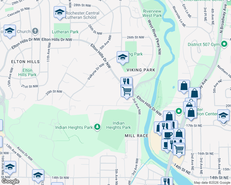 map of restaurants, bars, coffee shops, grocery stores, and more near 1923 Viking Drive Northwest in Rochester