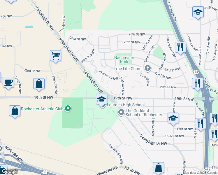 map of restaurants, bars, coffee shops, grocery stores, and more near 2666 Charles Court Northwest in Rochester