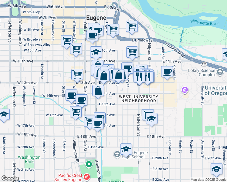 map of restaurants, bars, coffee shops, grocery stores, and more near 1390 Mill Street in Eugene