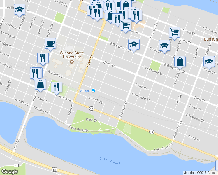 map of restaurants, bars, coffee shops, grocery stores, and more near 127 East Howard Street in Winona