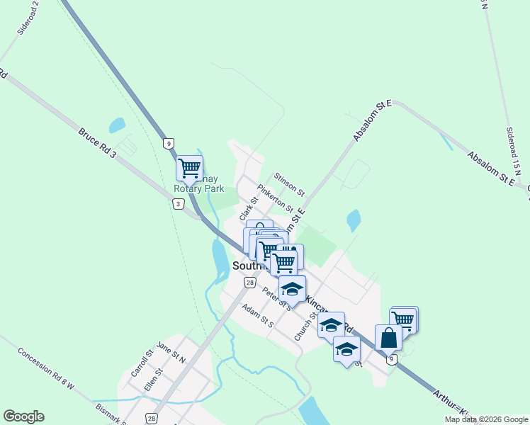 map of restaurants, bars, coffee shops, grocery stores, and more near 9 Dietz Street in South Bruce